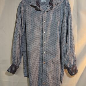 Thomas Dean Geometric Blue Shirt with Striped Cuffs